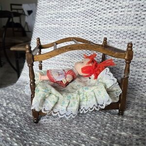 Vintage Wooden Canopy Doll Bed with Miniature Red Hair Doll - Dollhouse Decor